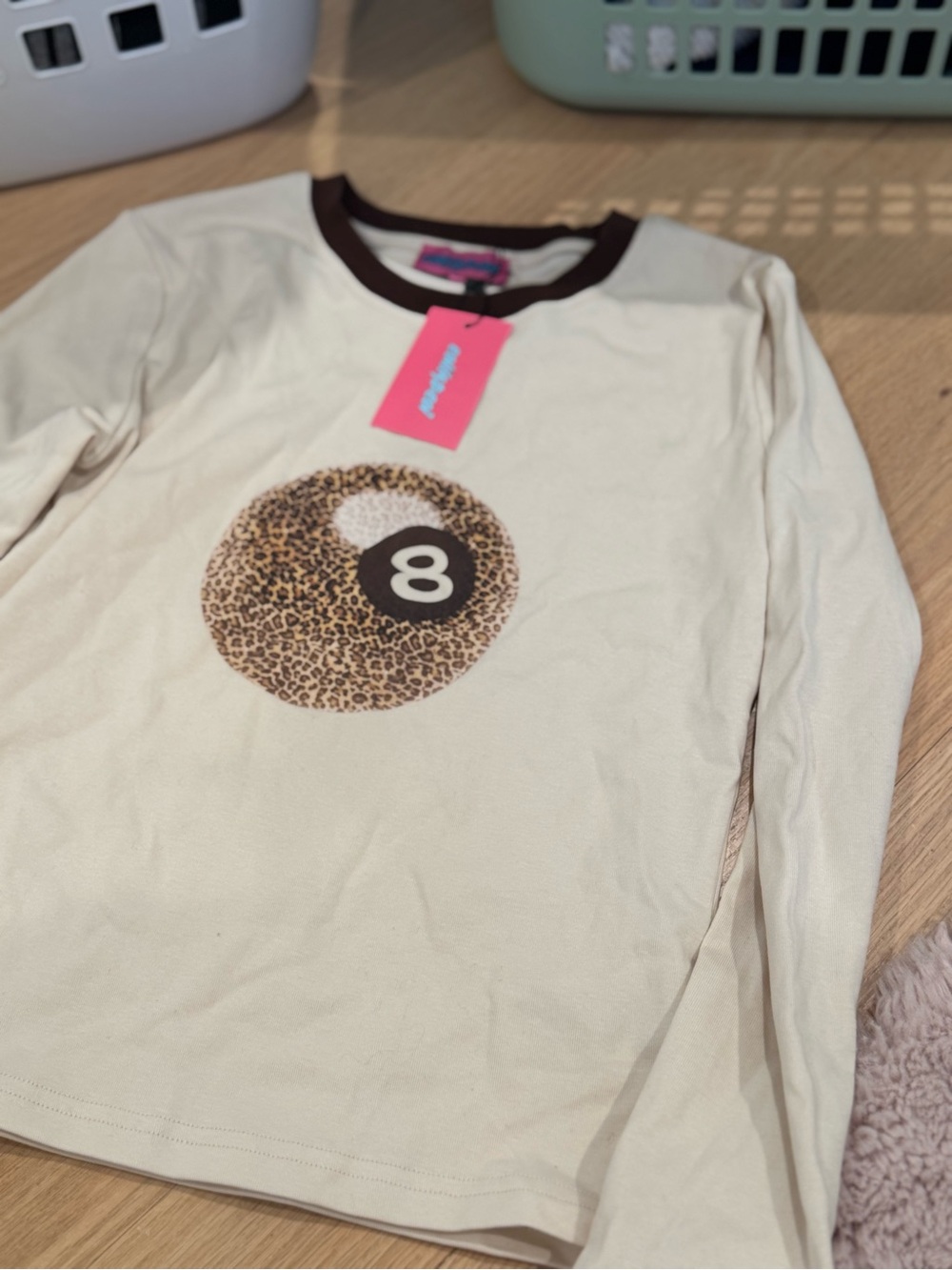 Edikted Cream Long-Sleeve Tee with Leopard 8 Graphic and Brown Trim